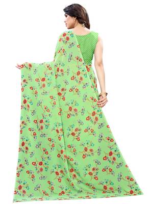 Green printed georgette saree with blouse 3