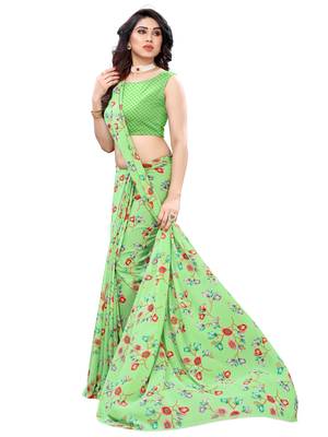 Green printed georgette saree with blouse 4