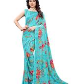 Blue printed georgette saree with blouse