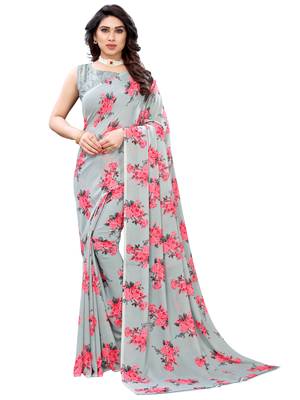 Grey printed georgette saree with blouse 1