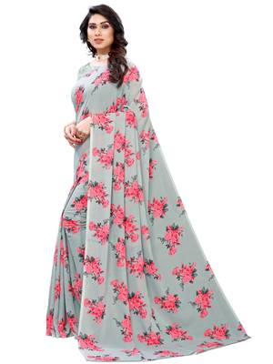 Grey printed georgette saree with blouse 2