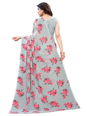 Grey printed georgette saree with blouse 3