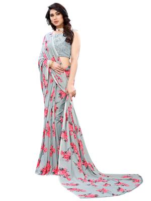 Grey printed georgette saree with blouse 4