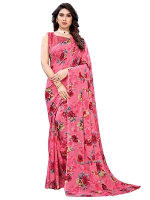 Pink printed georgette saree with blouse 1