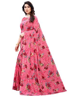Pink printed georgette saree with blouse 2