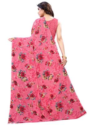 Pink printed georgette saree with blouse 3