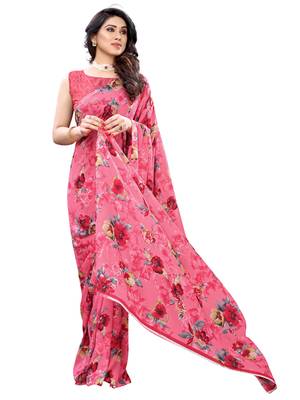 Pink printed georgette saree with blouse 4