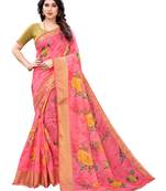 Pink printed poly cotton saree with blouse
