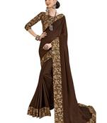 Dark brown woven poly silk saree with blouse