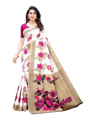 White printed poly silk saree with blouse 1