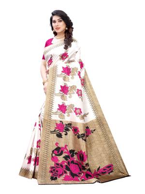 White printed poly silk saree with blouse 2