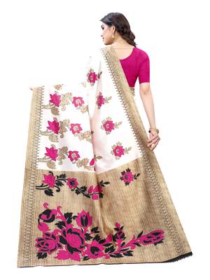 White printed poly silk saree with blouse 3