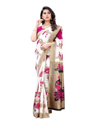 White printed poly silk saree with blouse 4