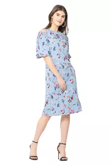 Blue printed crepe short-dresses