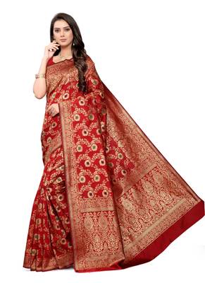 Red woven Banarasi silk blend Saree with blouse 1