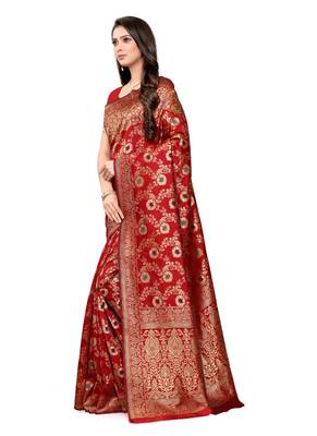 Red woven Banarasi silk blend Saree with blouse 2