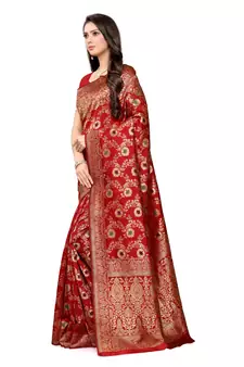 Red woven Banarasi silk blend Saree with blouse