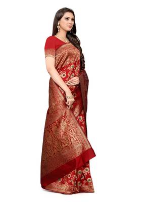 Red woven Banarasi silk blend Saree with blouse 3