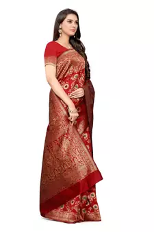 Red woven Banarasi silk blend Saree with blouse