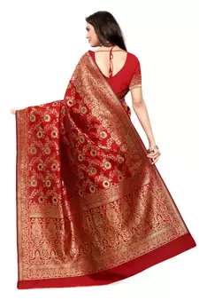 Red woven Banarasi silk blend Saree with blouse