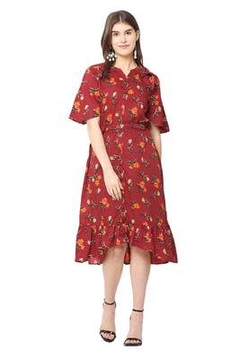 Maroon printed crepe short-dresses 1
