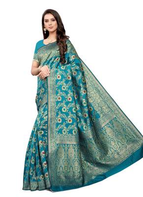 Turquoise Woven silk blend Saree With Blouse 1