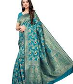 Turquoise Woven silk blend Saree With Blouse
