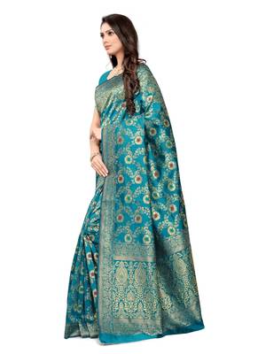 Turquoise Woven silk blend Saree With Blouse 2