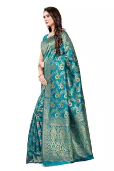 Turquoise Woven silk blend Saree With Blouse