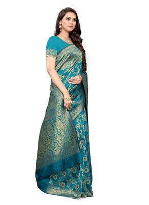 Turquoise Woven silk blend Saree With Blouse 3