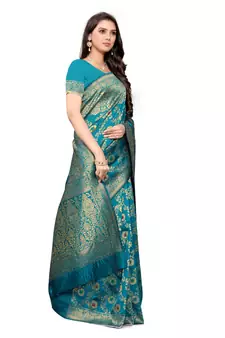 Turquoise Woven silk blend Saree With Blouse