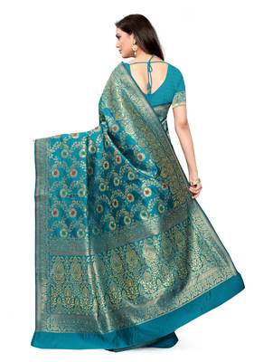 Turquoise Woven silk blend Saree With Blouse 4
