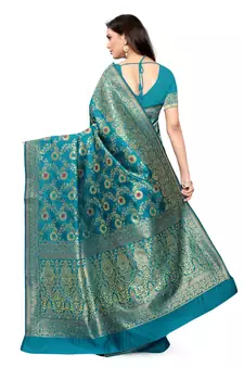 Turquoise Woven silk blend Saree With Blouse