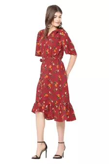 Maroon printed crepe short-dresses