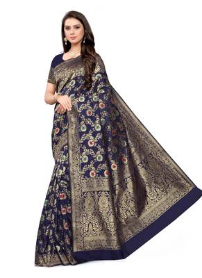 Dark Blue Woven Silk Blend Saree With Blouse 1