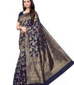 Dark Blue Woven Silk Blend Saree With Blouse