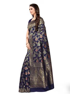 Dark Blue Woven Silk Blend Saree With Blouse 2