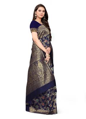 Dark Blue Woven Silk Blend Saree With Blouse 3