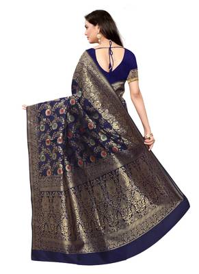 Dark Blue Woven Silk Blend Saree With Blouse 4
