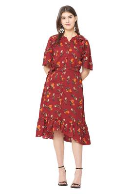 Maroon printed crepe short-dresses 5
