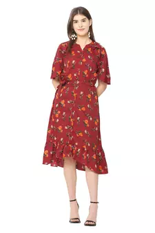Maroon printed crepe short-dresses
