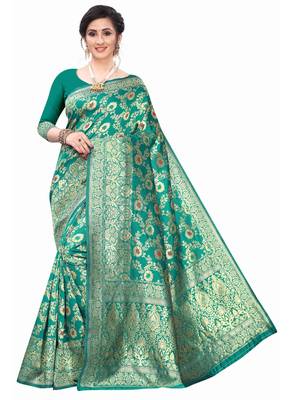 Turquoise Woven Silk Blend Saree With Blouse 1