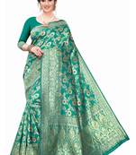 Turquoise Woven Silk Blend Saree With Blouse