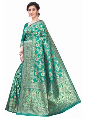 Turquoise Woven Silk Blend Saree With Blouse 2