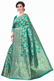 Turquoise Woven Silk Blend Saree With Blouse