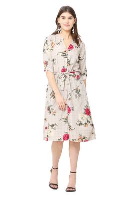 Cream printed crepe short-dresses 1