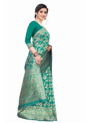 Turquoise Woven Silk Blend Saree With Blouse 3
