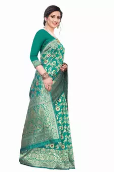 Turquoise Woven Silk Blend Saree With Blouse