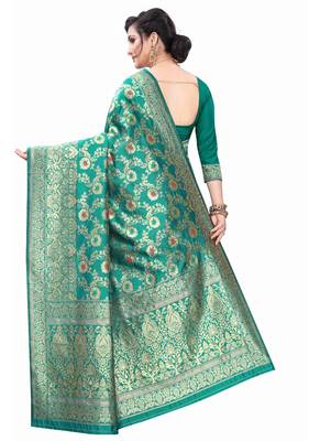 Turquoise Woven Silk Blend Saree With Blouse 4