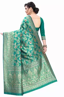 Turquoise Woven Silk Blend Saree With Blouse